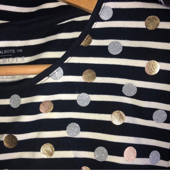 Talbots. Talbots tee long sleeved navy French strip with pretty sprinkled dots - Picture 8 of 9